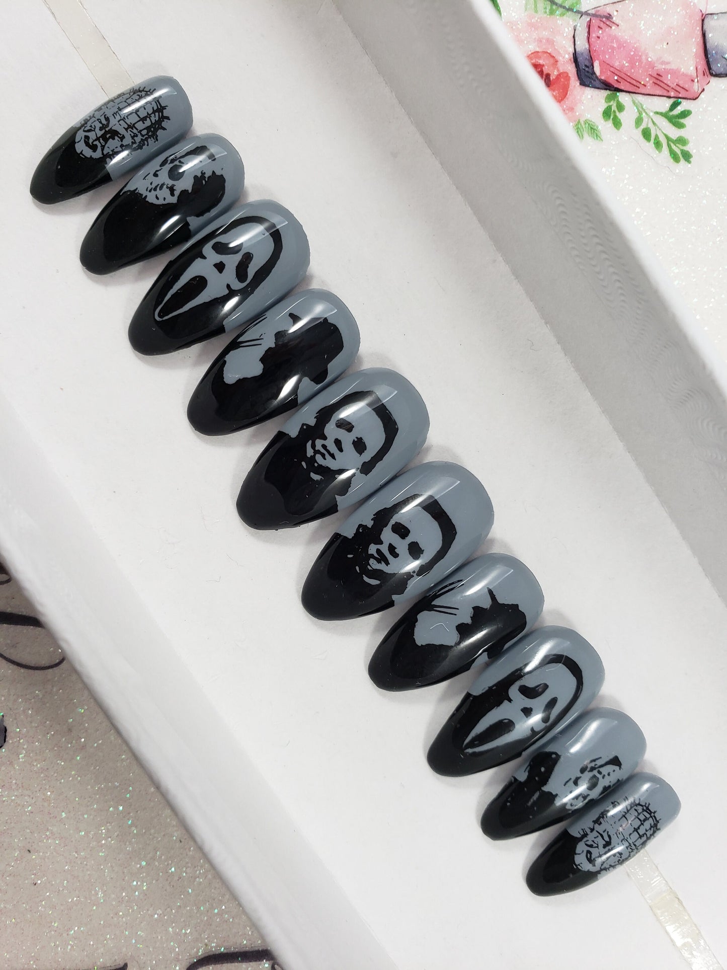 Horror Movie Nails, Jason, Freddy, Michael, GF, Pinhead Silhouettes..Press On Nails,  False, Fake Nails Glue Ons