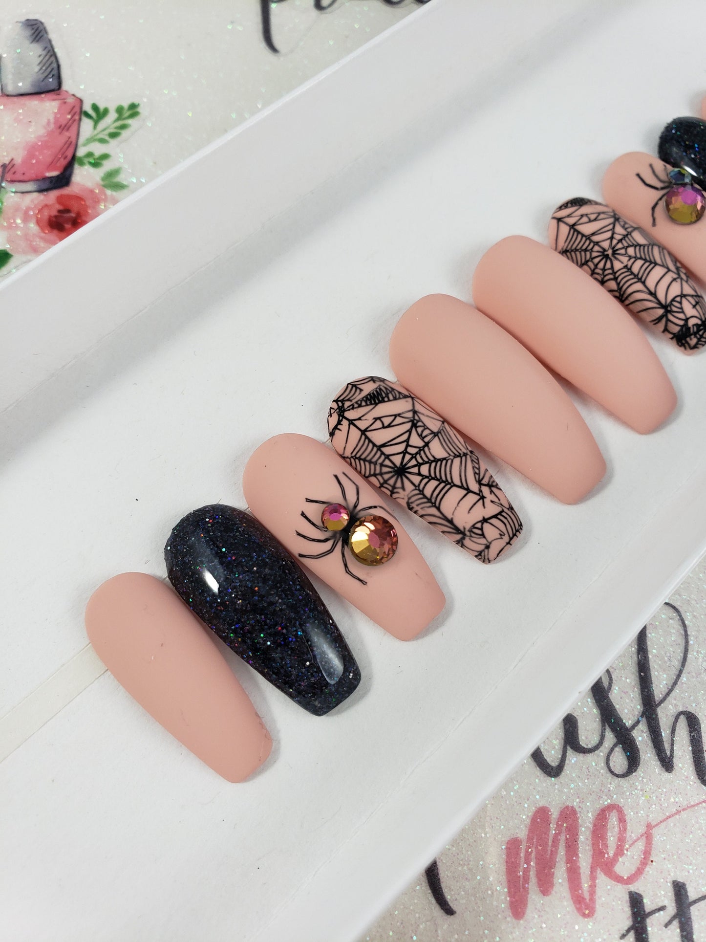 Rhinestone Spider Webs, Nude Halloween Glitter Nails ..Press On Nails,  False, Fake Nails Glue Ons