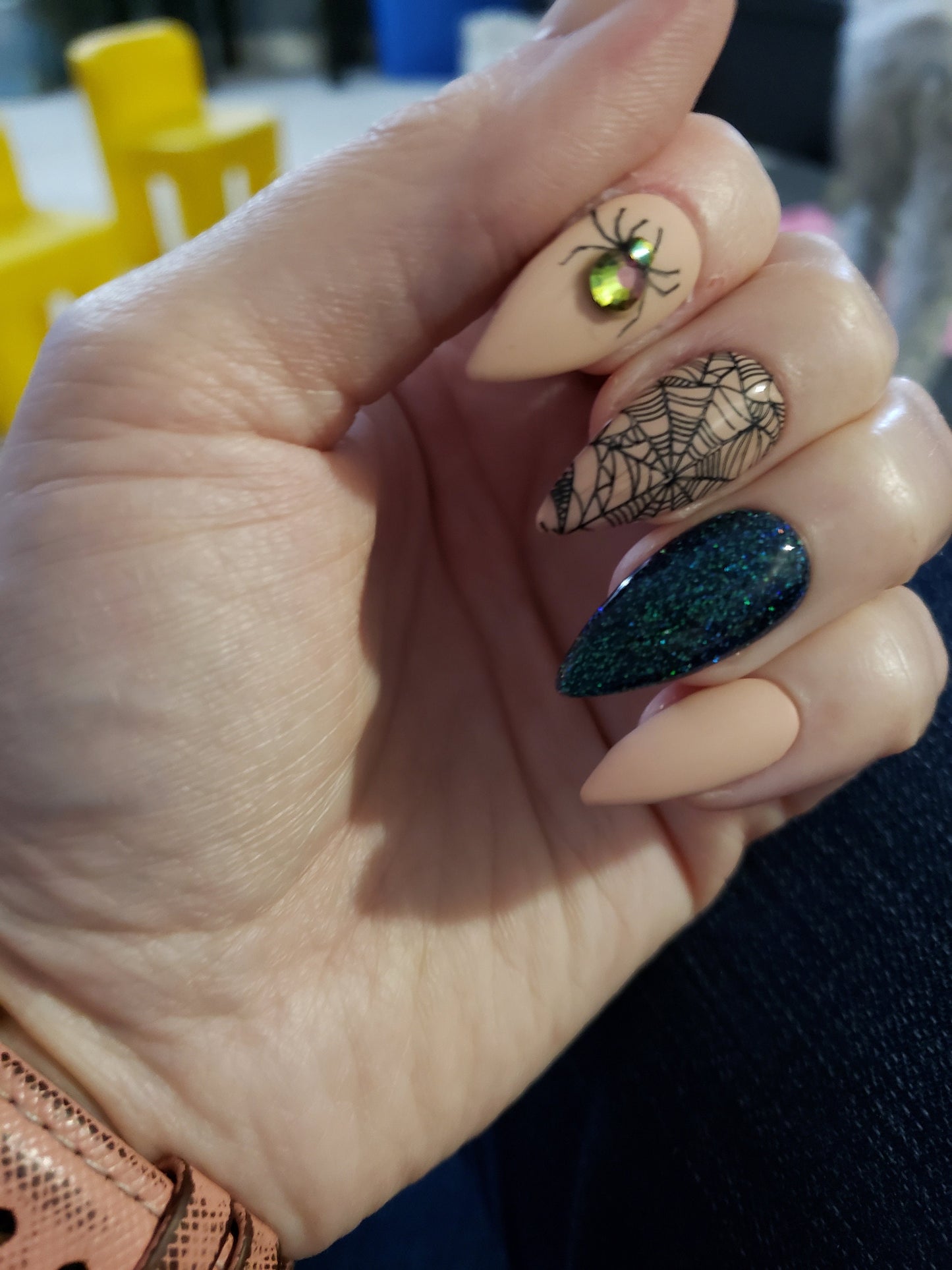 Rhinestone Spider Webs, Nude Halloween Glitter Nails ..Press On Nails,  False, Fake Nails Glue Ons
