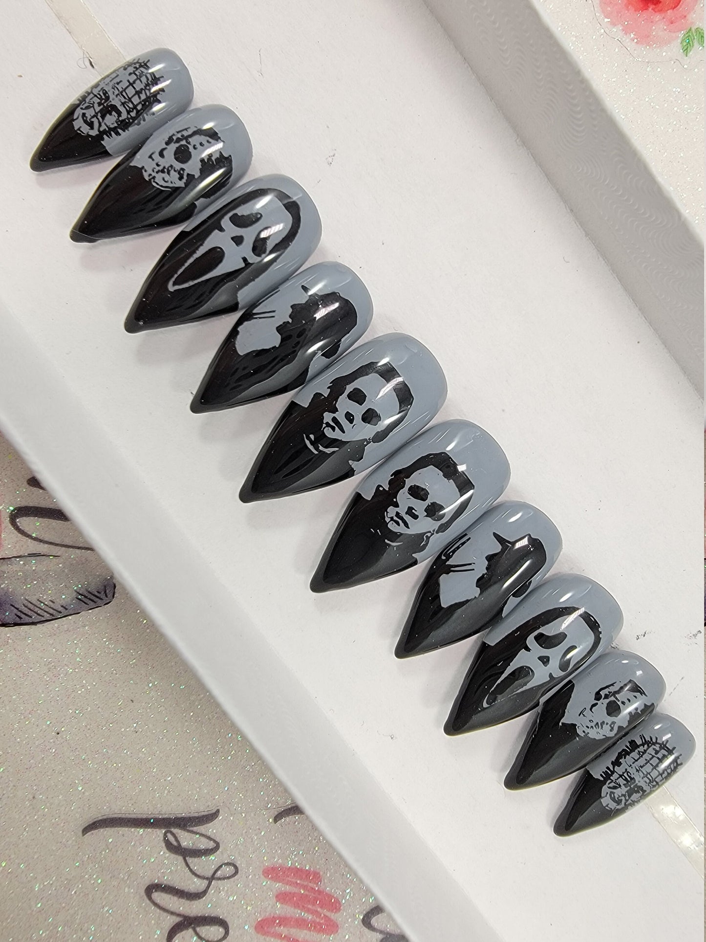 Horror Movie Nails, Jason, Freddy, Michael, GF, Pinhead Silhouettes..Press On Nails,  False, Fake Nails Glue Ons