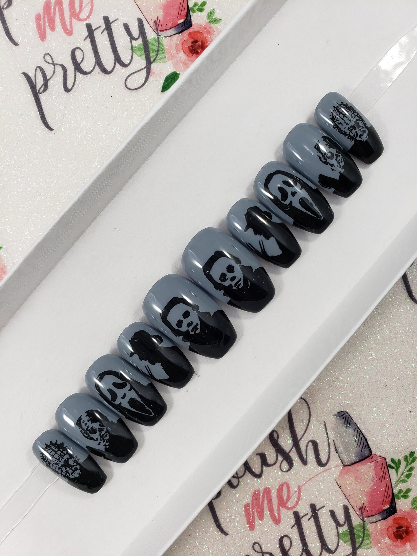 Horror Movie Nails, Jason, Freddy, Michael, GF, Pinhead Silhouettes..Press On Nails,  False, Fake Nails Glue Ons