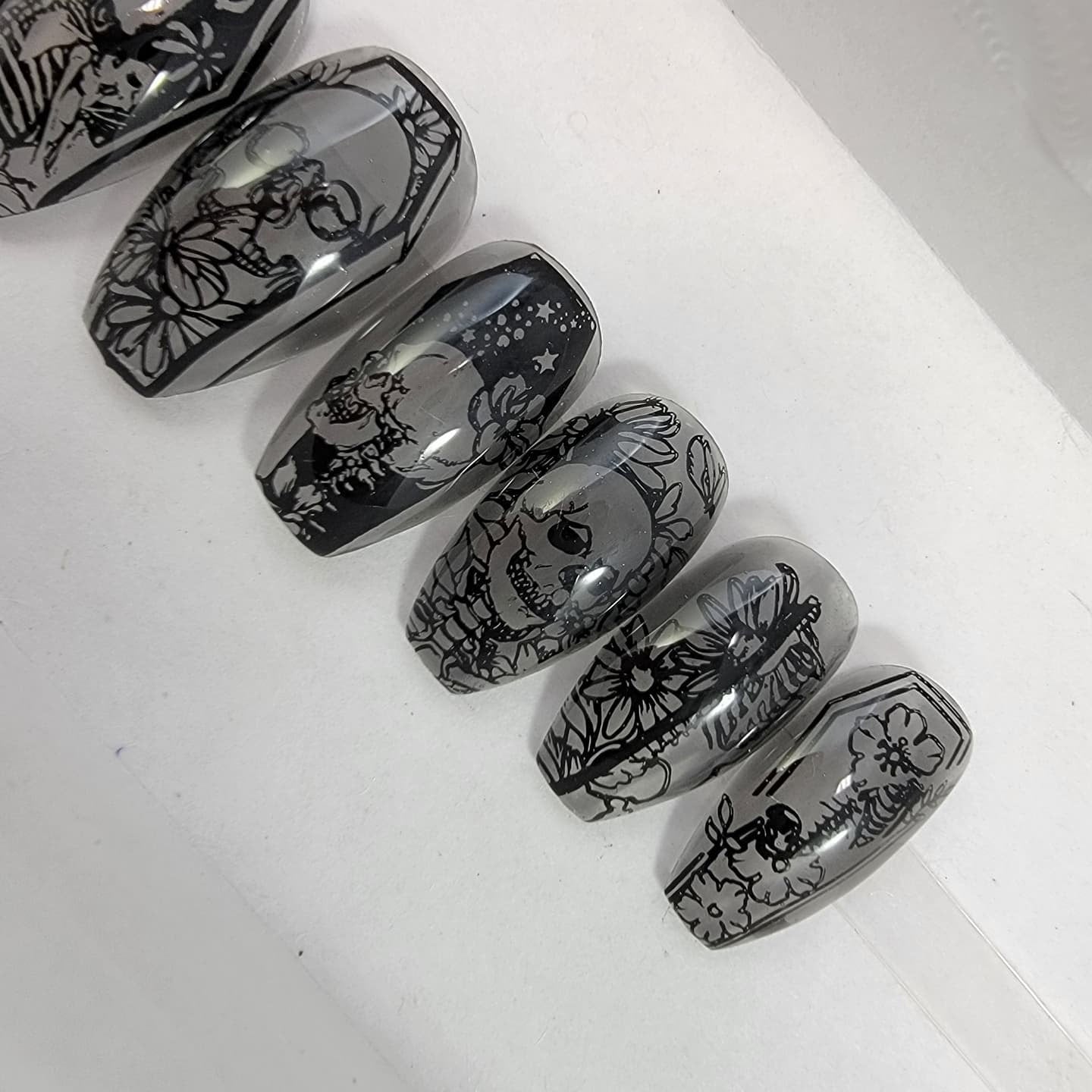 Smokey Gray See-Through Nails with Black Skull Stamps Halloween Nails ..Press On Nails,  False, Fake Nails Glue Ons