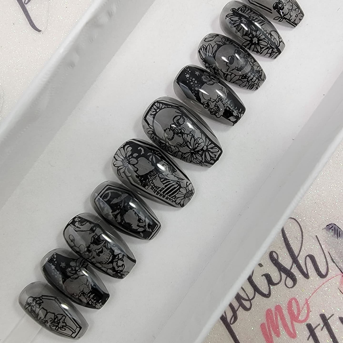 Smokey Gray See-Through Nails with Black Skull Stamps Halloween Nails ..Press On Nails,  False, Fake Nails Glue Ons