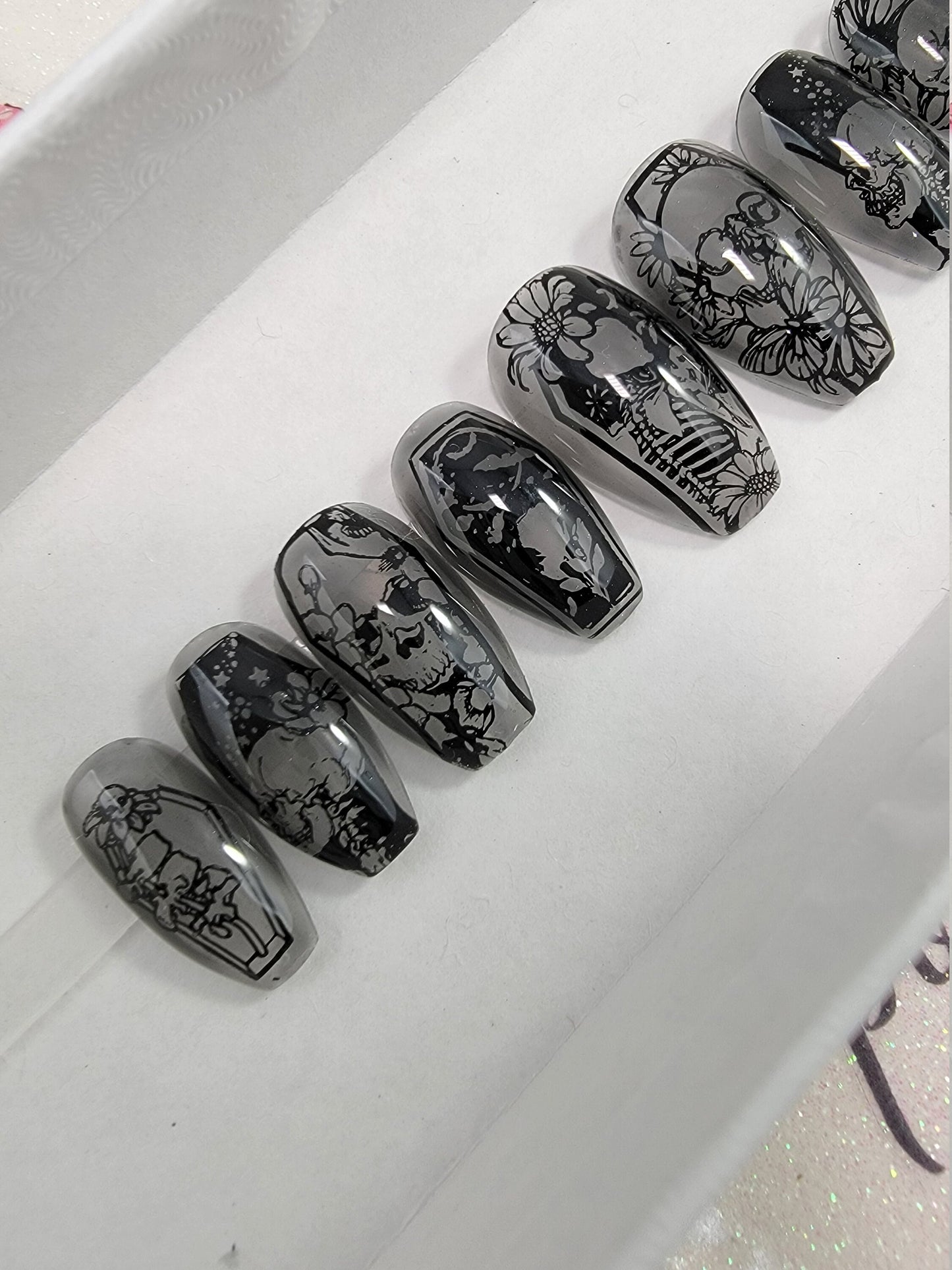 Smokey Gray See-Through Nails with Black Skull Stamps Halloween Nails ..Press On Nails,  False, Fake Nails Glue Ons