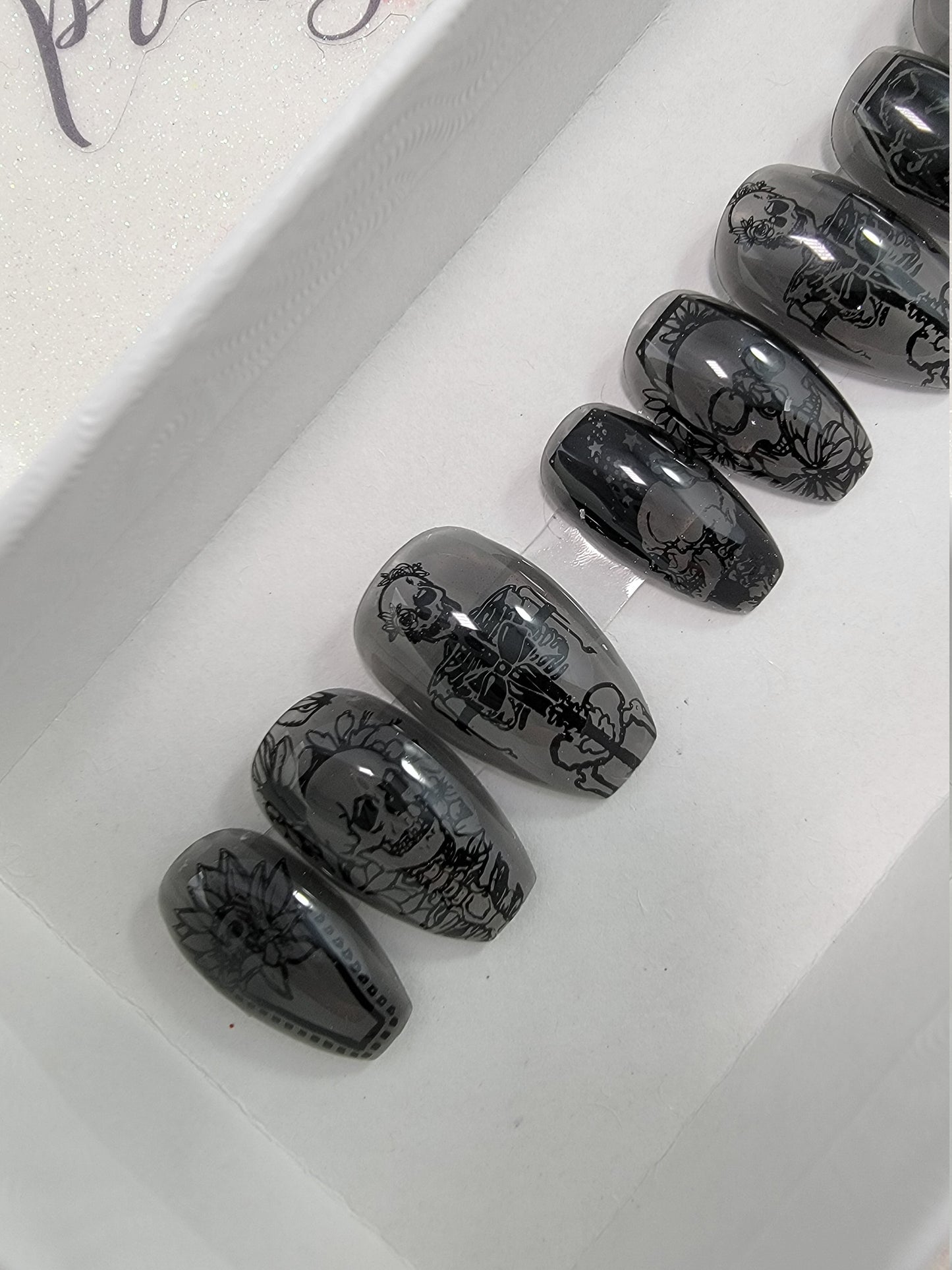Smokey Gray See-Through Nails with Black Skull Stamps Halloween Nails ..Press On Nails,  False, Fake Nails Glue Ons