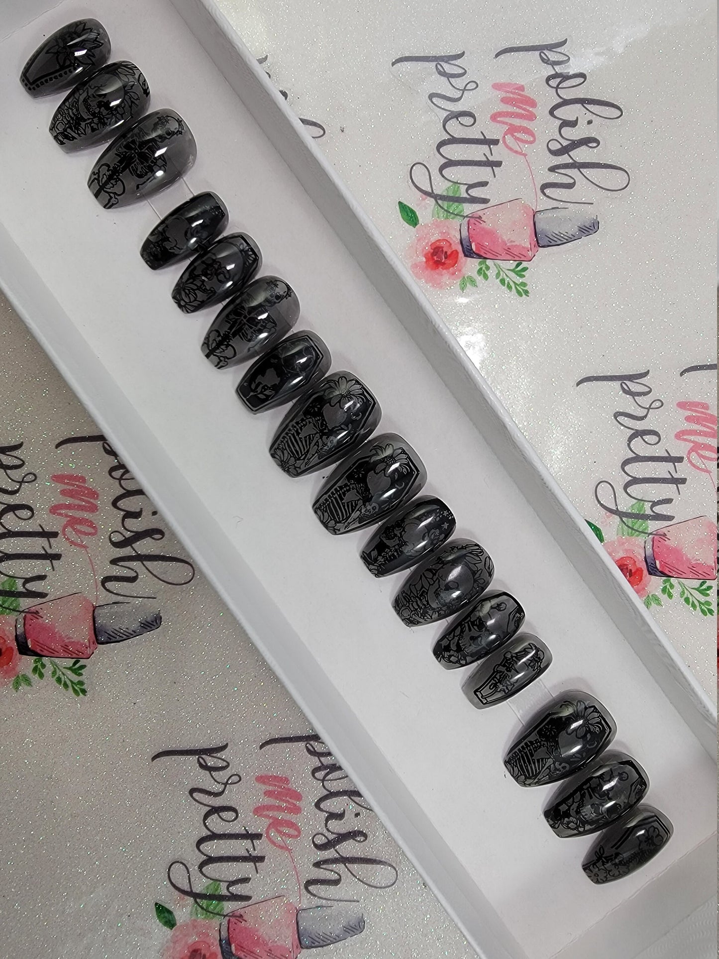 Smokey Gray See-Through Nails with Black Skull Stamps Halloween Nails ..Press On Nails,  False, Fake Nails Glue Ons