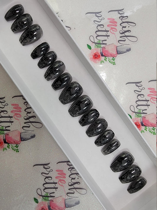 Smokey Gray See-Through Nails with Black Skull Stamps Halloween Nails ..Press On Nails,  False, Fake Nails Glue Ons