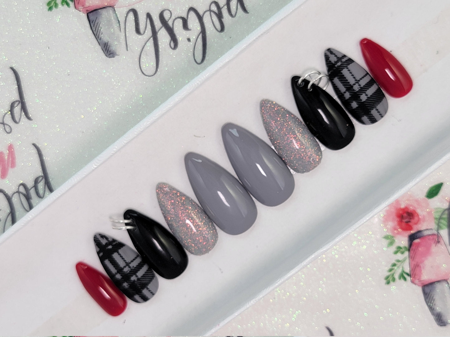 Plaid Goth Pierced Christmas Nails with Glitter Accent Stamped Nails ..Press On Nails,  False, Fake Nails Glue Ons