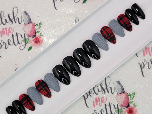 Christmas Nails!  Matte Gray and Red with Buffalo Plaid and sweater nail accents!  Handpainted Custom False Nails Fake Nails Press On Nails