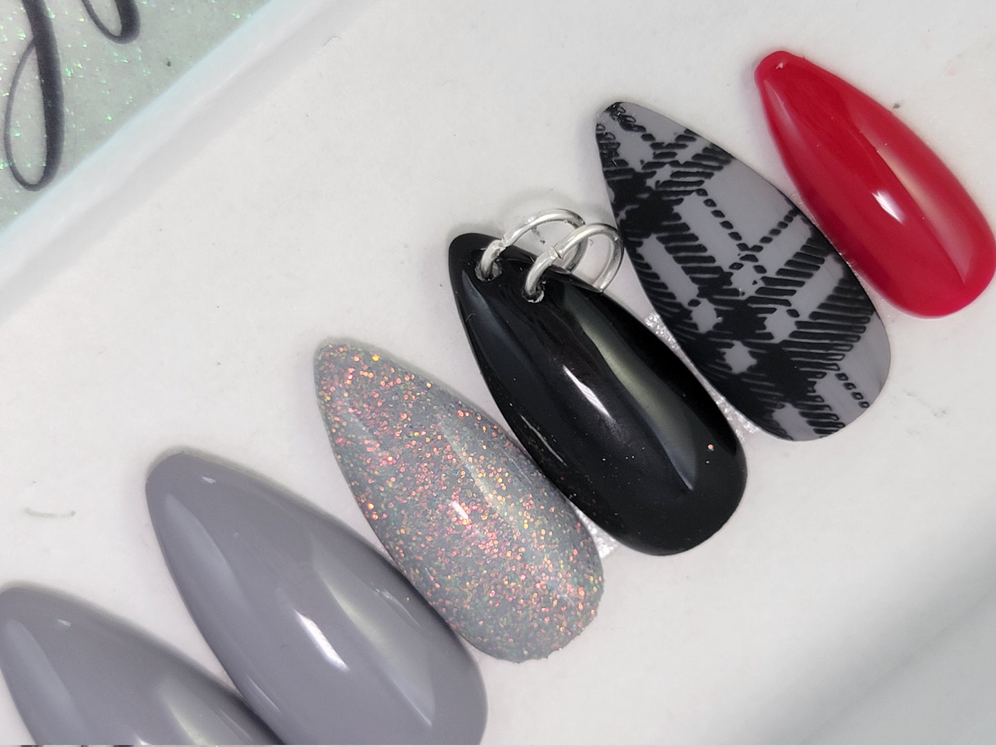 Plaid Goth Pierced Christmas Nails with Glitter Accent Stamped Nails ..Press On Nails,  False, Fake Nails Glue Ons