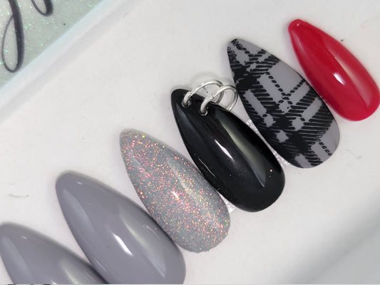 Plaid Goth Pierced Christmas Nails with Glitter Accent Stamped Nails ..Press On Nails,  False, Fake Nails Glue Ons