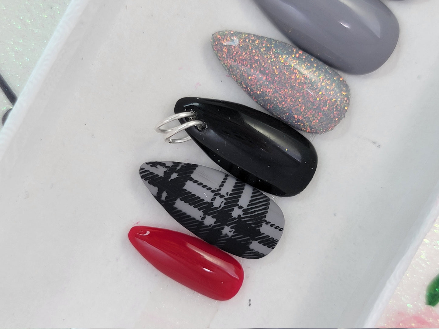 Plaid Goth Pierced Christmas Nails with Glitter Accent Stamped Nails ..Press On Nails,  False, Fake Nails Glue Ons