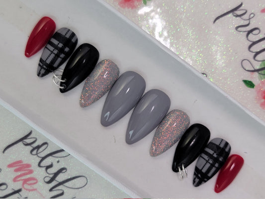 Plaid Goth Pierced Christmas Nails with Glitter Accent Stamped Nails ..Press On Nails,  False, Fake Nails Glue Ons