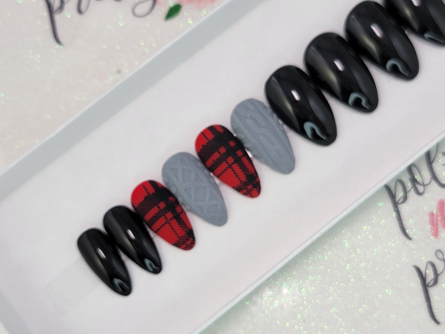 Christmas Nails!  Matte Gray and Red with Buffalo Plaid and sweater nail accents!  Handpainted Custom False Nails Fake Nails Press On Nails