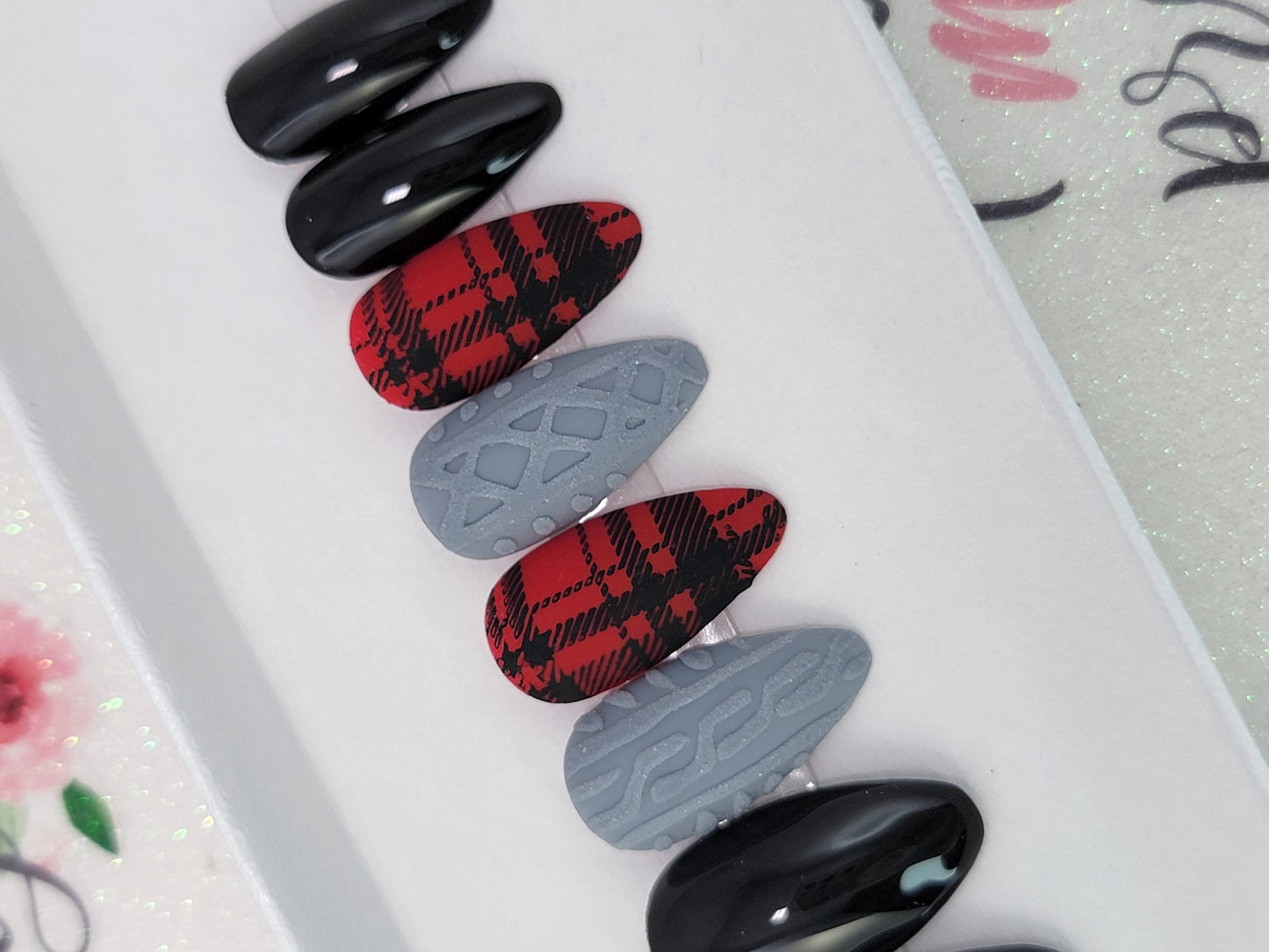 Christmas Nails!  Matte Gray and Red with Buffalo Plaid and sweater nail accents!  Handpainted Custom False Nails Fake Nails Press On Nails