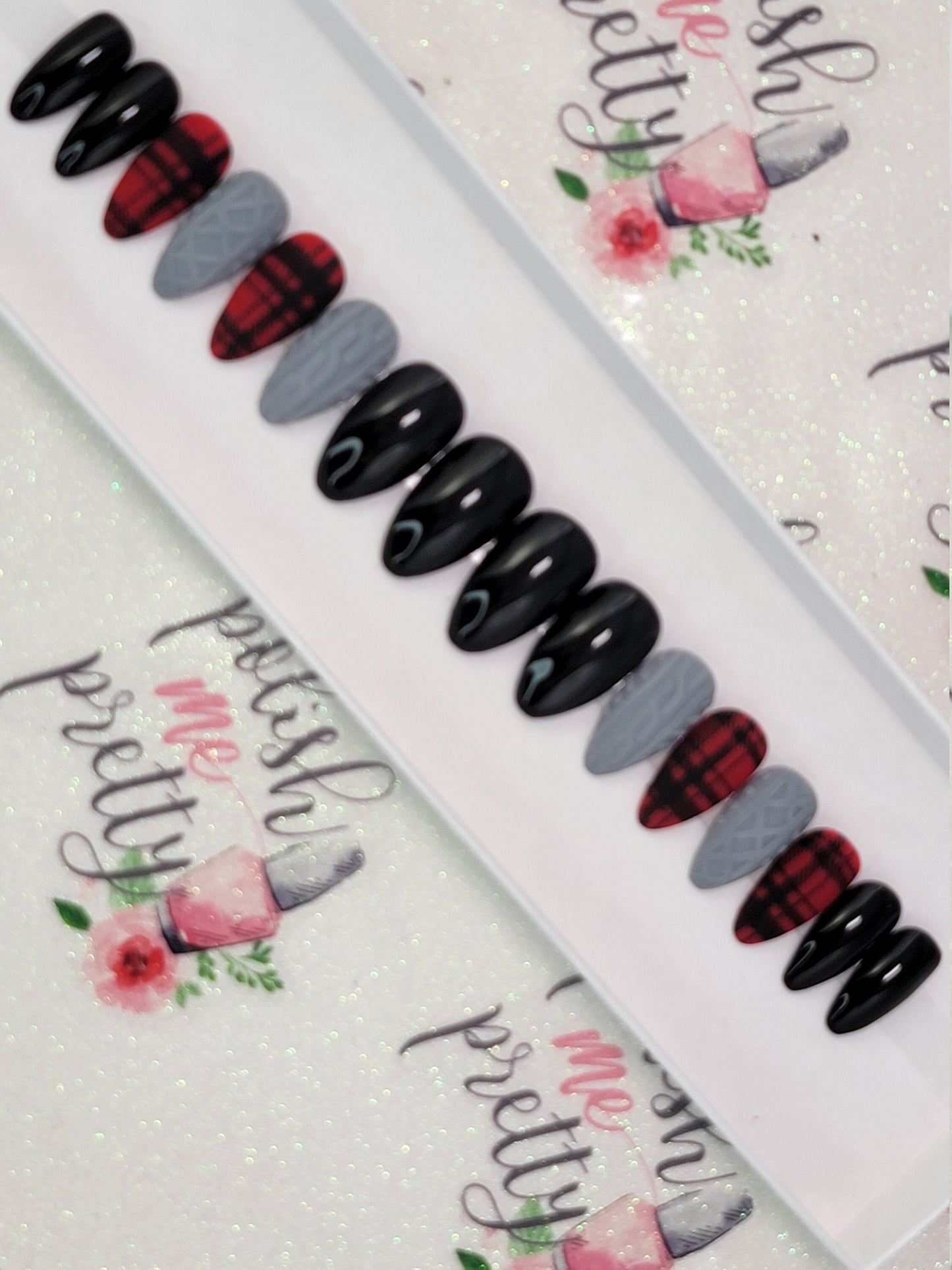 Christmas Nails!  Matte Gray and Red with Buffalo Plaid and sweater nail accents!  Handpainted Custom False Nails Fake Nails Press On Nails