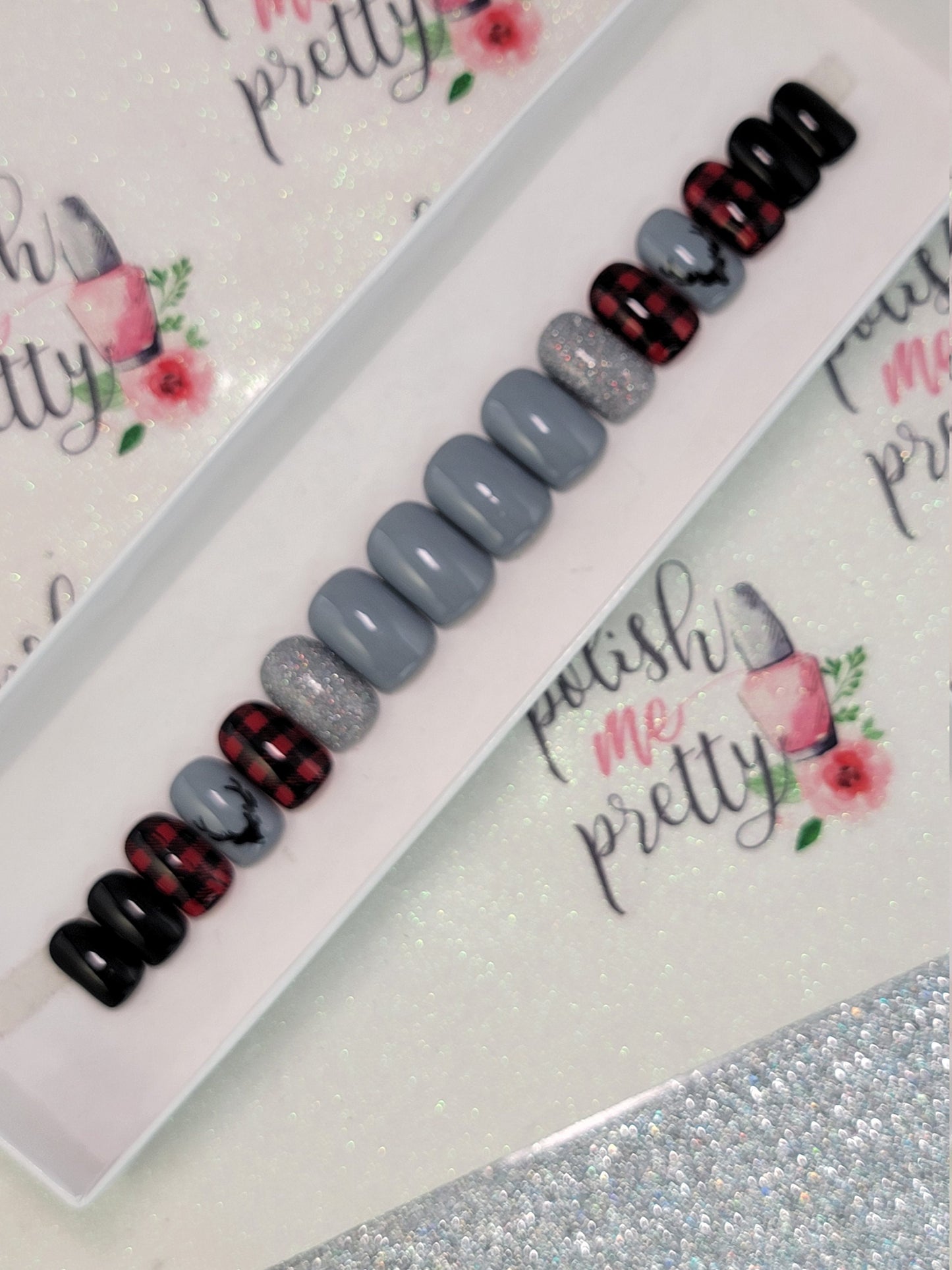 Buffalo Plaid Winter Nails - Gray, Black and Red Deer Head Nails Custom False Nails Fake Nails Press On Nails