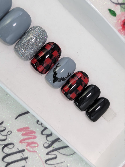 Buffalo Plaid Winter Nails - Gray, Black and Red Deer Head Nails Custom False Nails Fake Nails Press On Nails