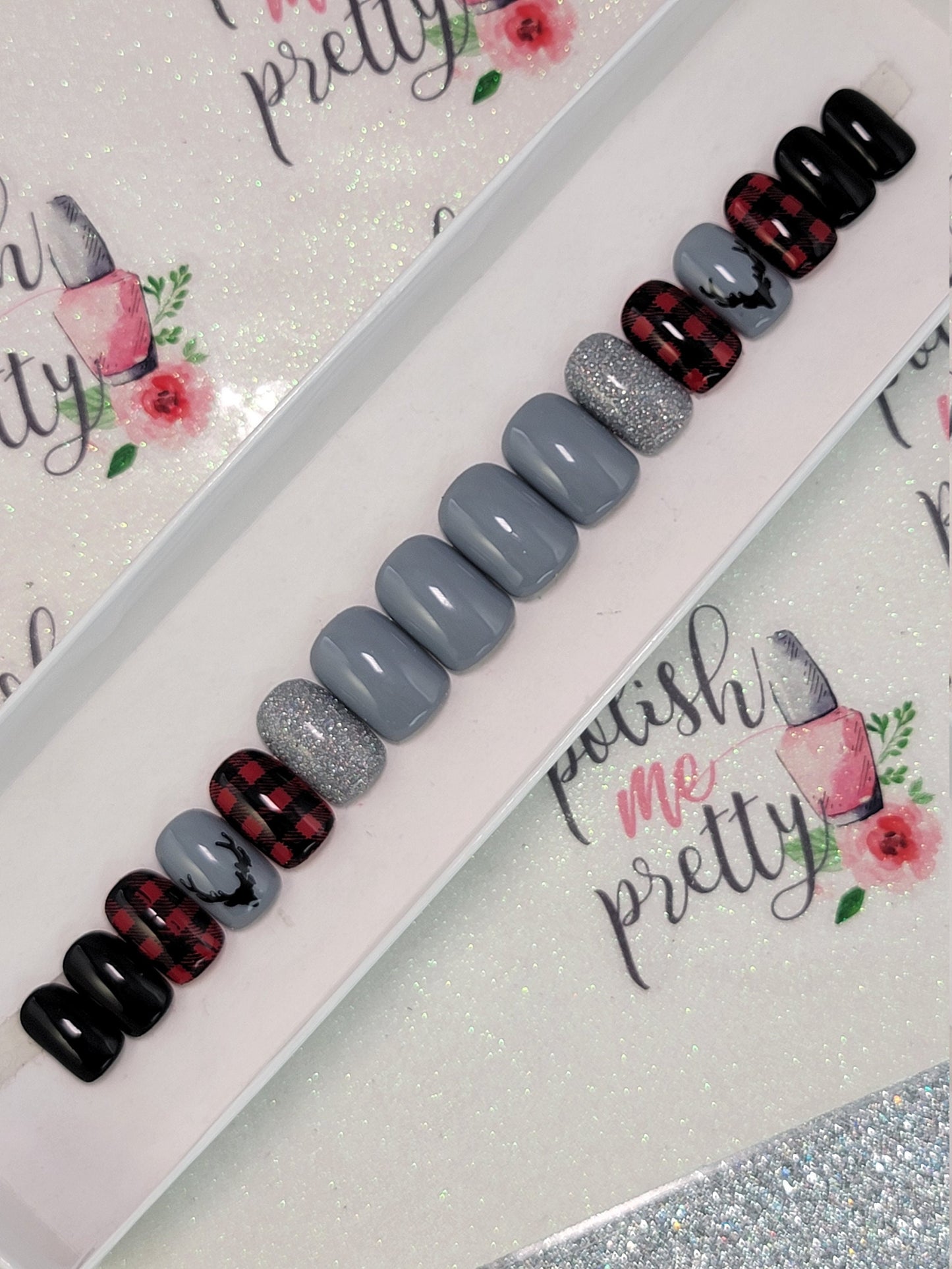 Buffalo Plaid Winter Nails - Gray, Black and Red Deer Head Nails Custom False Nails Fake Nails Press On Nails