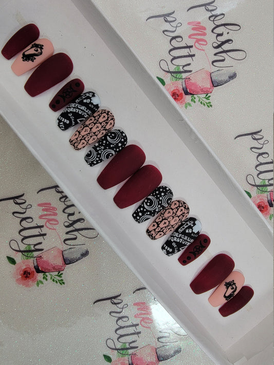 Witchy, Ouija Board, Supernatural, Halloween Nails!  Dark Red, Matte Nails Handpainted Custom False Nails Fake Nails Press On Nails
