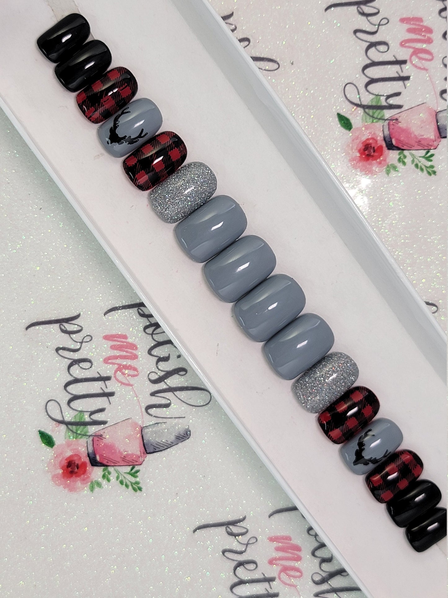 Buffalo Plaid Winter Nails - Gray, Black and Red Deer Head Nails Custom False Nails Fake Nails Press On Nails
