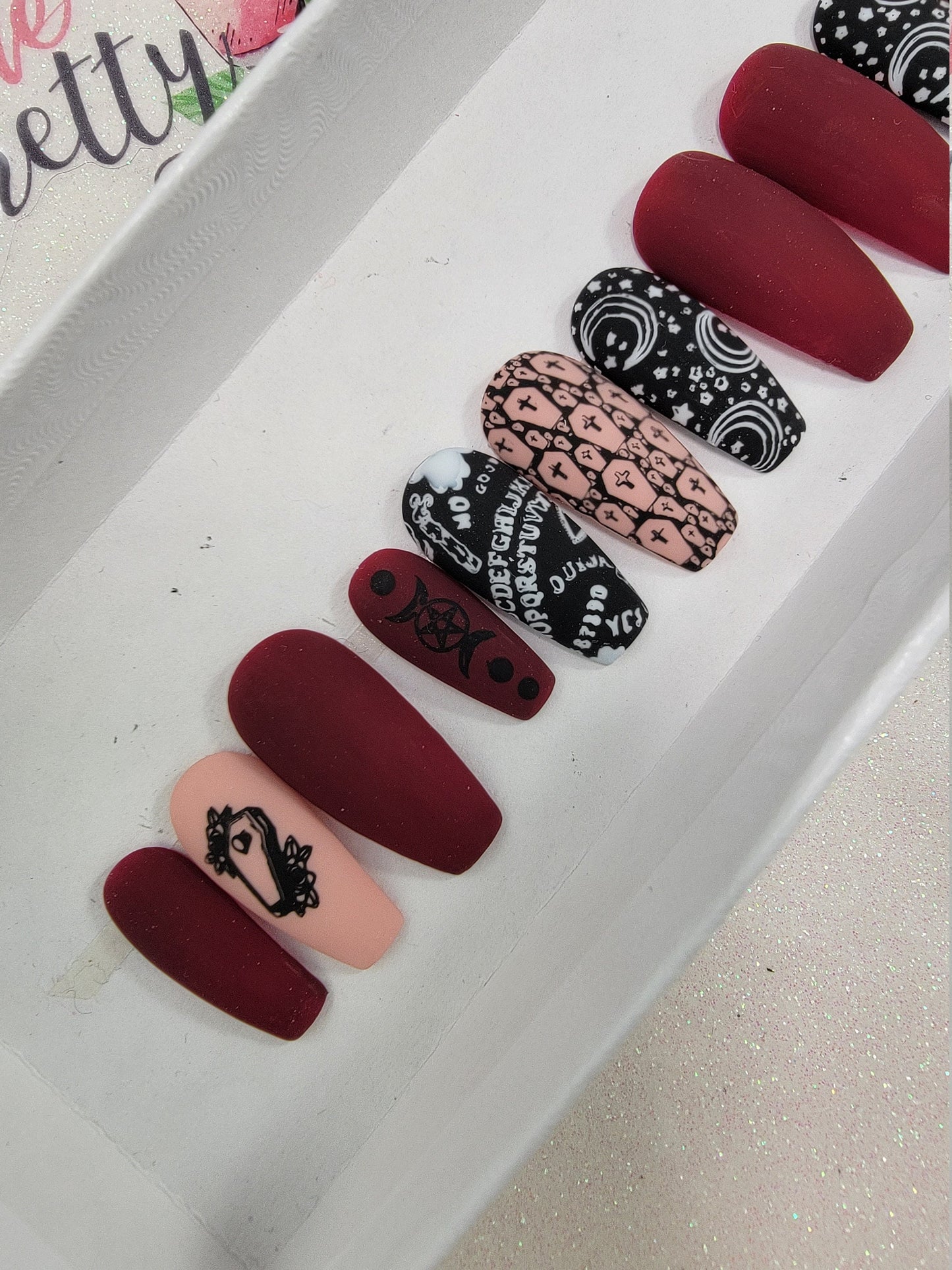 Witchy, Ouija Board, Supernatural, Halloween Nails!  Dark Red, Matte Nails Handpainted Custom False Nails Fake Nails Press On Nails