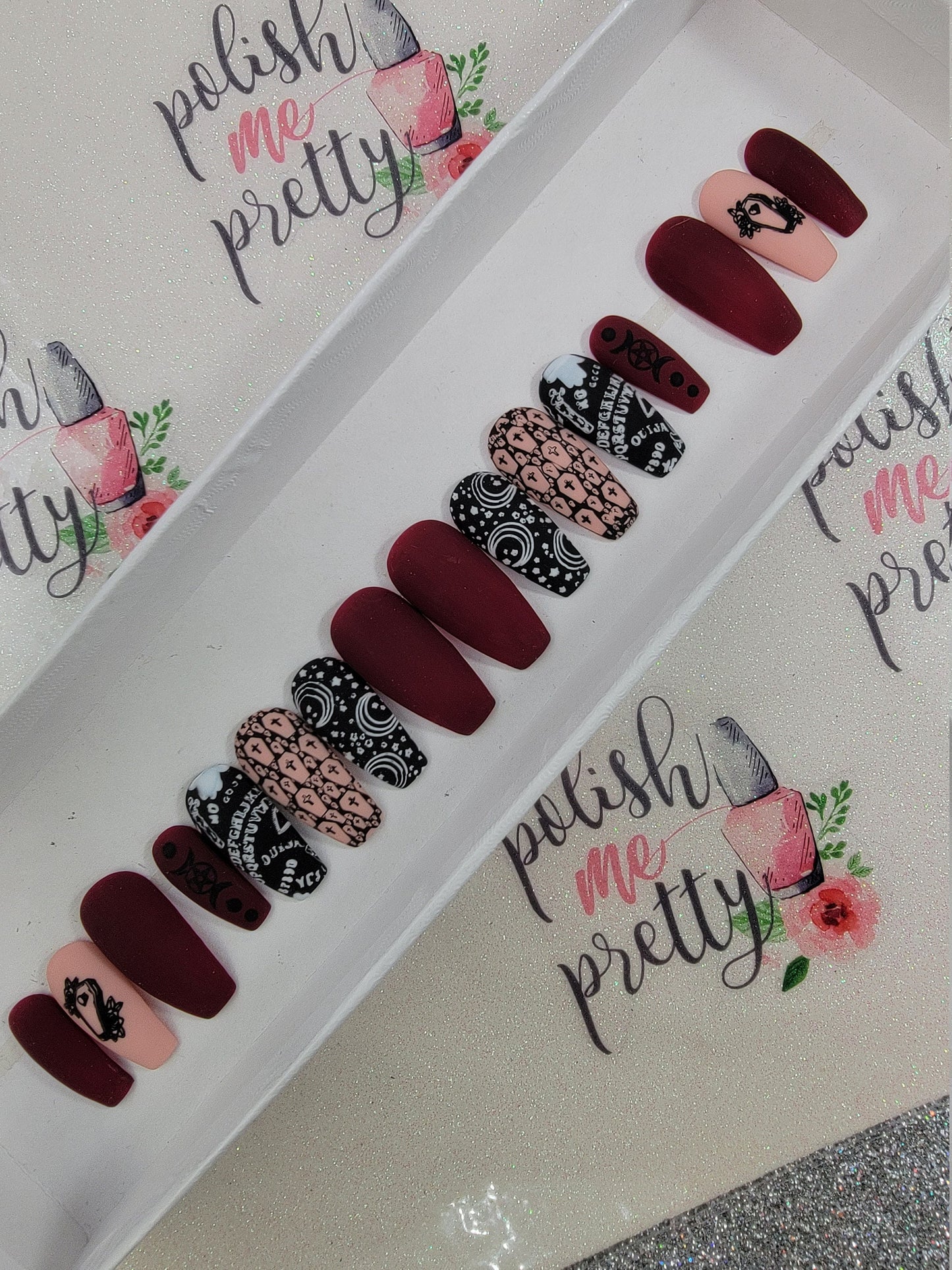 Witchy, Ouija Board, Supernatural, Halloween Nails!  Dark Red, Matte Nails Handpainted Custom False Nails Fake Nails Press On Nails