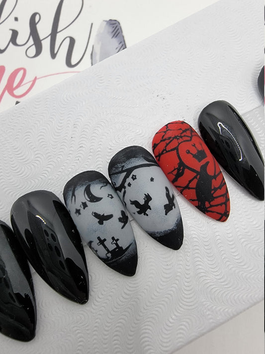 Gothic Raven Crown Nails Glossy and Matte Crows, Graveyard, Horror Stamped Nails Press On Nails,  False, Fake Nails Glue Ons