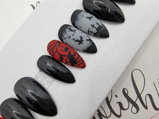 Gothic Raven Crown Nails Glossy and Matte Crows, Graveyard, Horror Stamped Nails Press On Nails,  False, Fake Nails Glue Ons