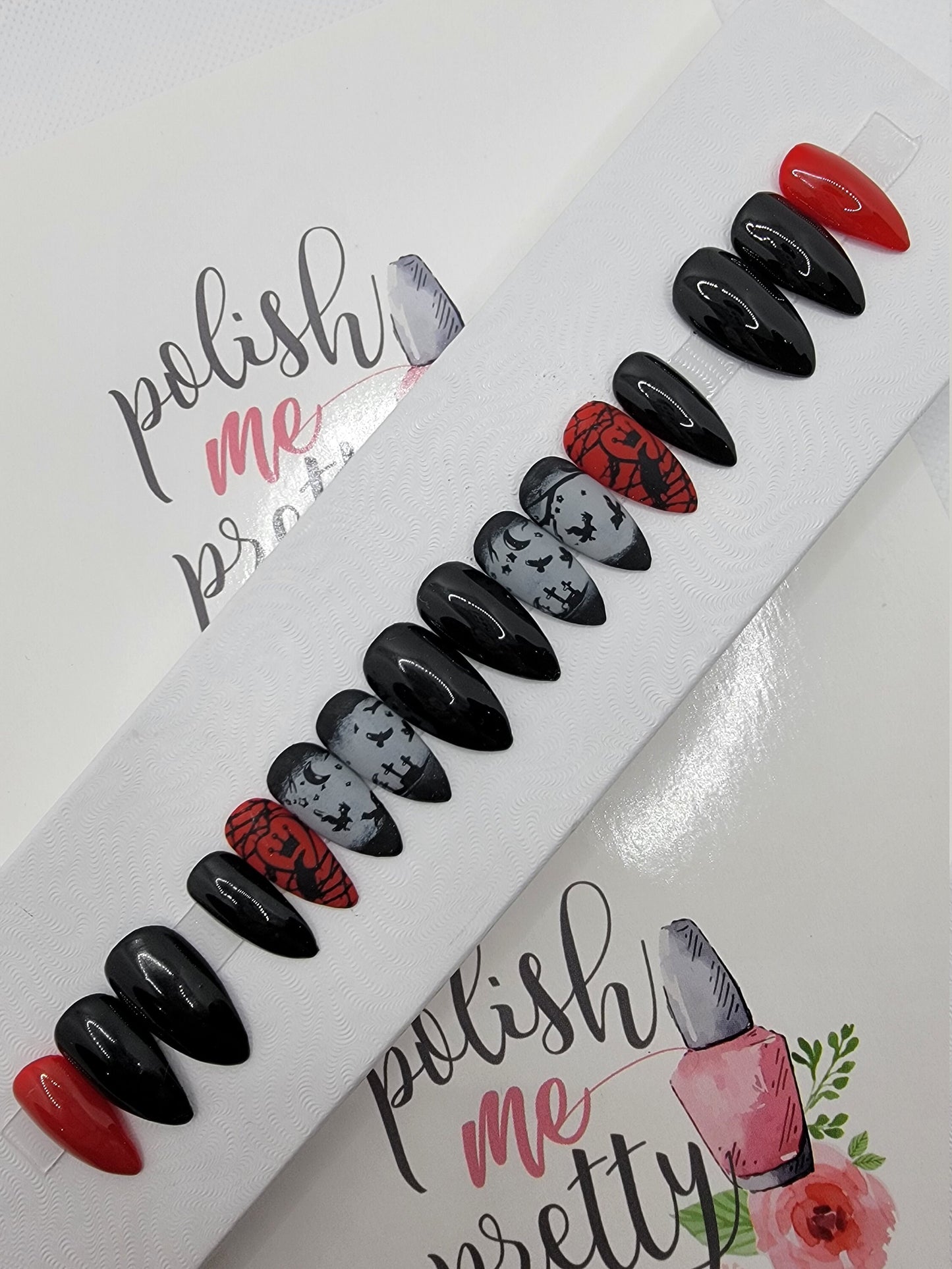 Gothic Raven Crown Nails Glossy and Matte Crows, Graveyard, Horror Stamped Nails Press On Nails,  False, Fake Nails Glue Ons