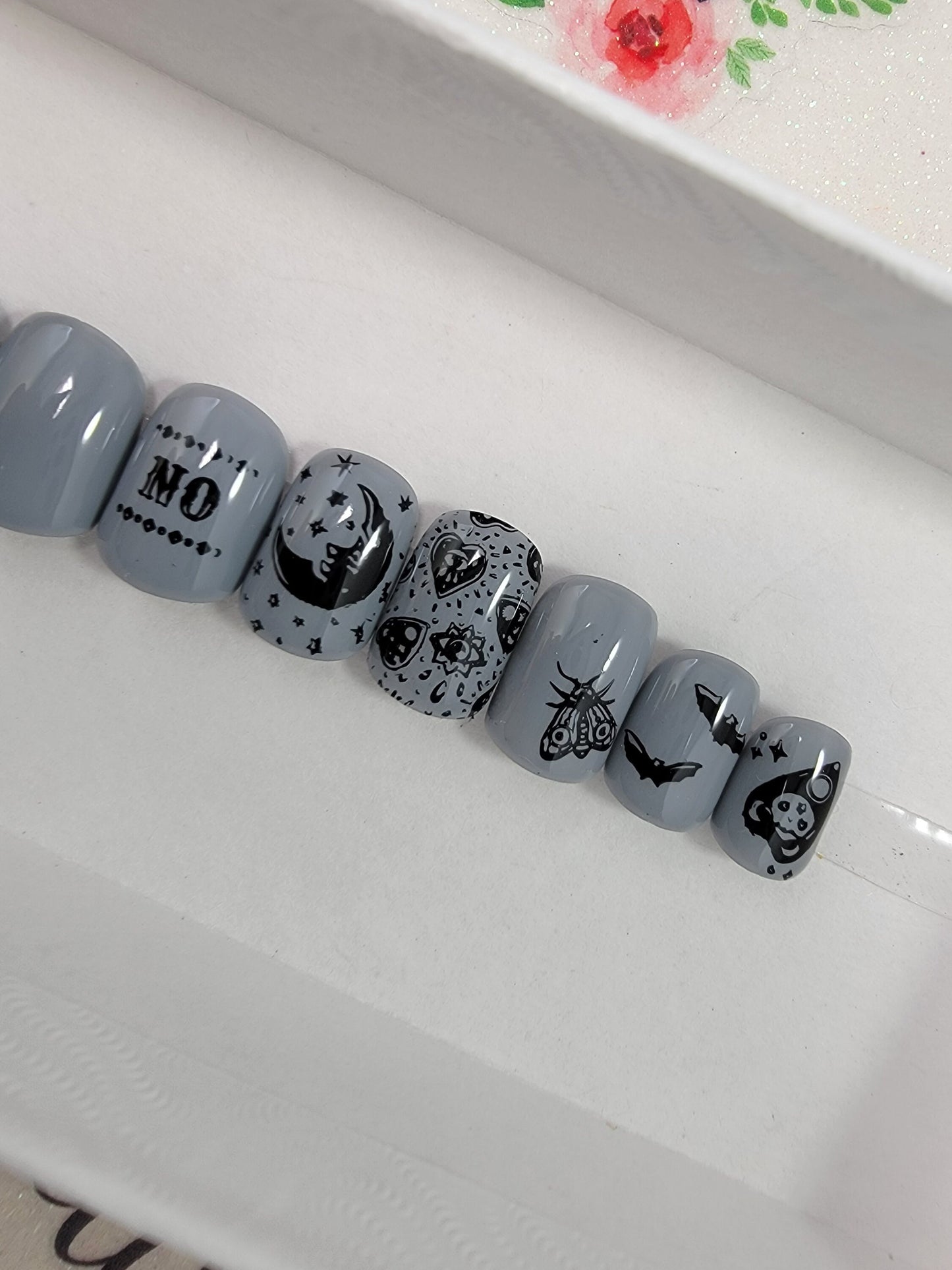 Oiuja, Occult, Witchy Sun Moon Moth Gray and BlackMatte Halloween Nails ..Press On Nails,  False, Fake Nails Glue Ons