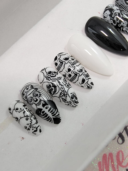 Skulls and Skeletons Black and White Halloween Nails ..Press On Nails,  False, Fake Nails Glue Ons