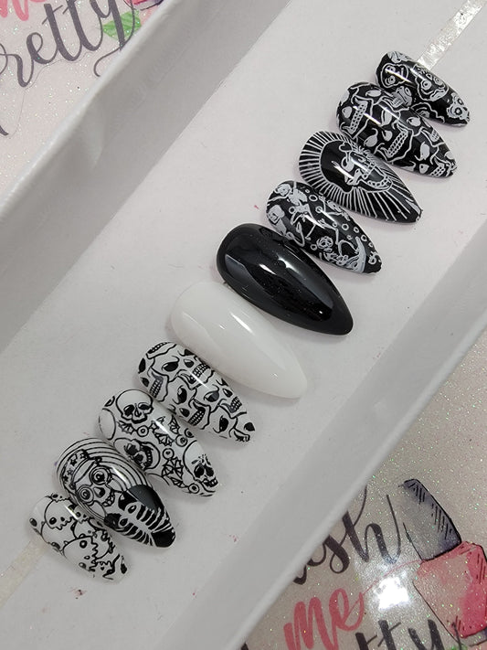Skulls and Skeletons Black and White Halloween Nails ..Press On Nails,  False, Fake Nails Glue Ons