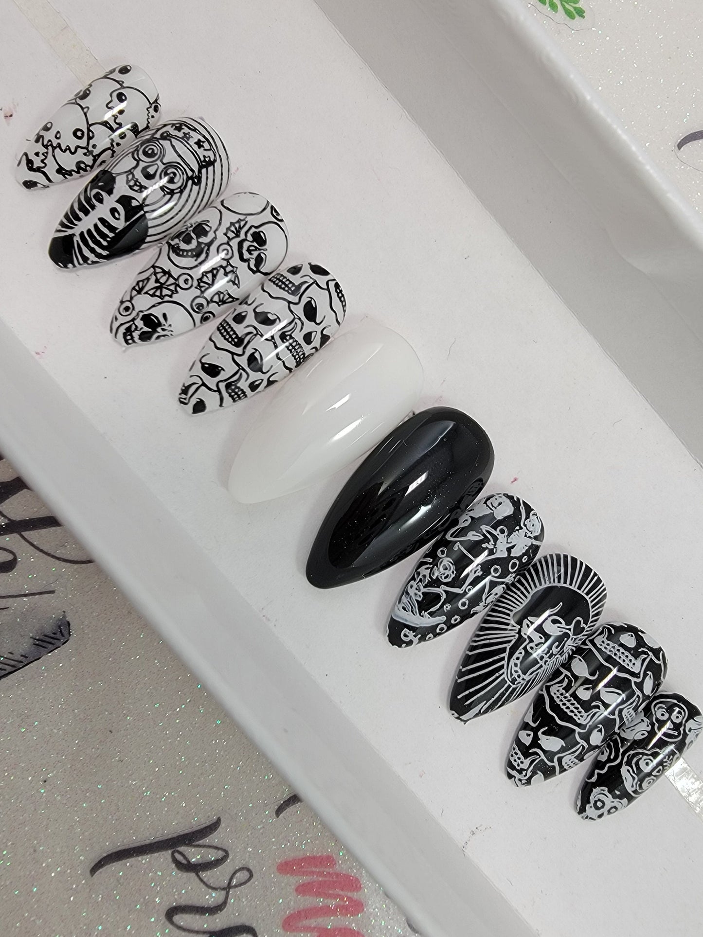 Skulls and Skeletons Black and White Halloween Nails ..Press On Nails,  False, Fake Nails Glue Ons