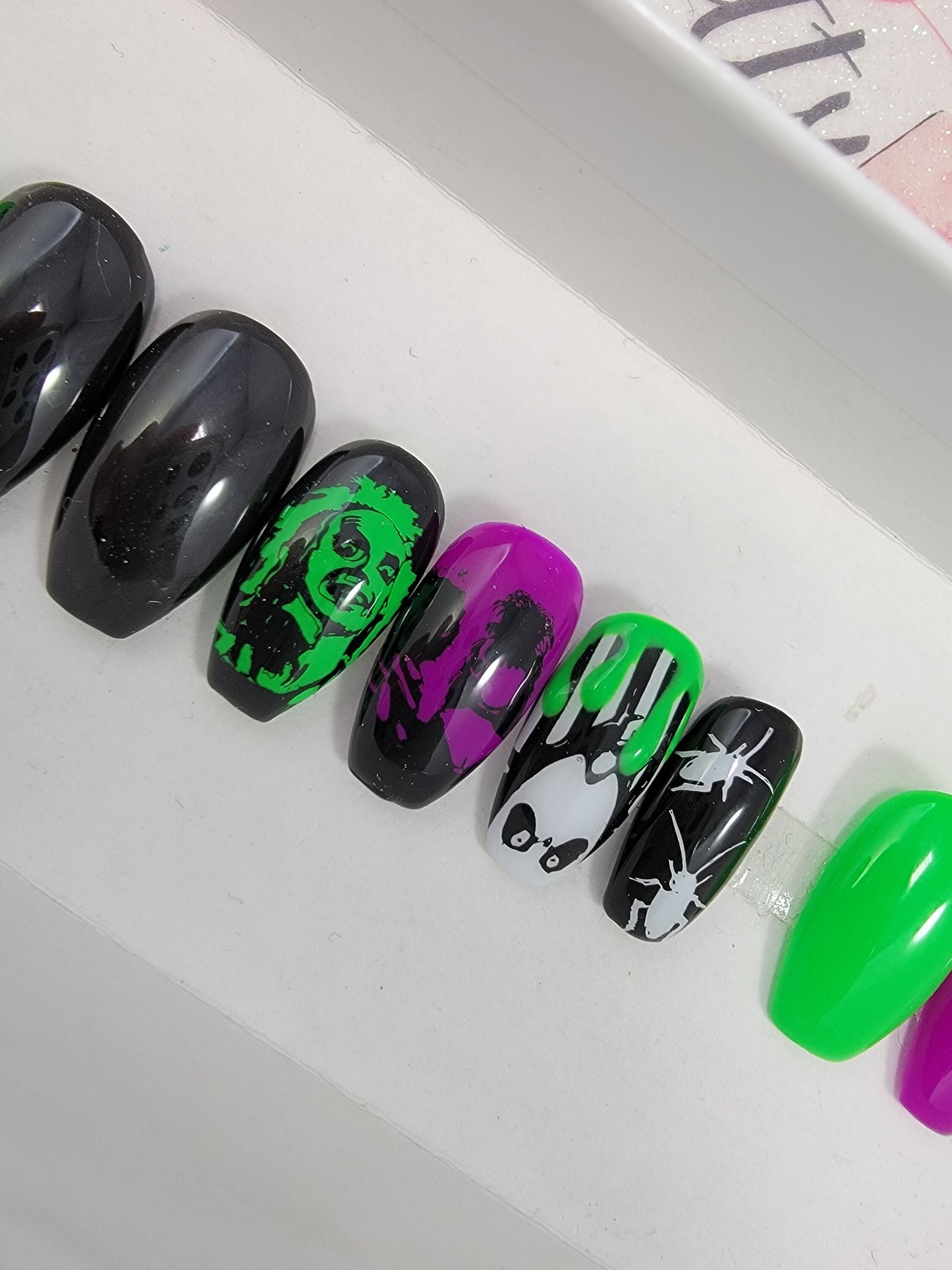 Horror Movie Collection...Beetles Bug Guy Neon Green.  Lydia, Beetle....Press On Nails,  False, Fake Nails Glue Ons