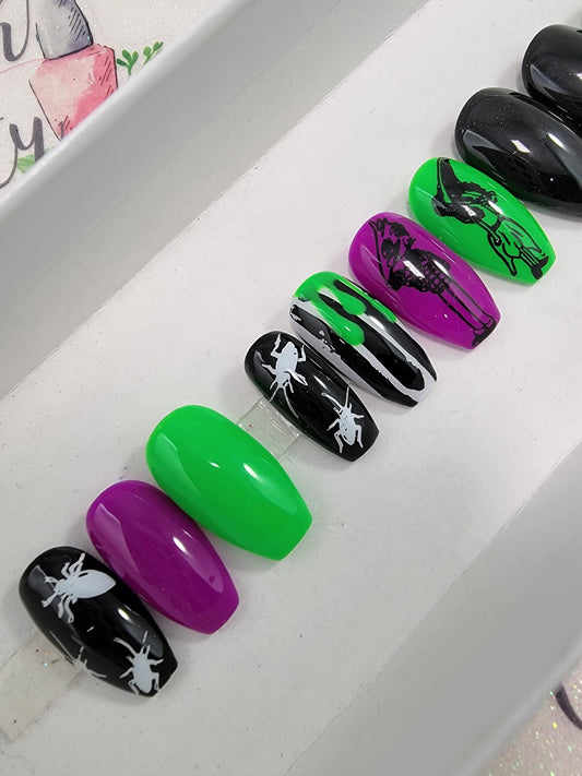Horror Movie Collection...Beetles Bug Guy Neon Green.  Lydia, Beetle....Press On Nails,  False, Fake Nails Glue Ons