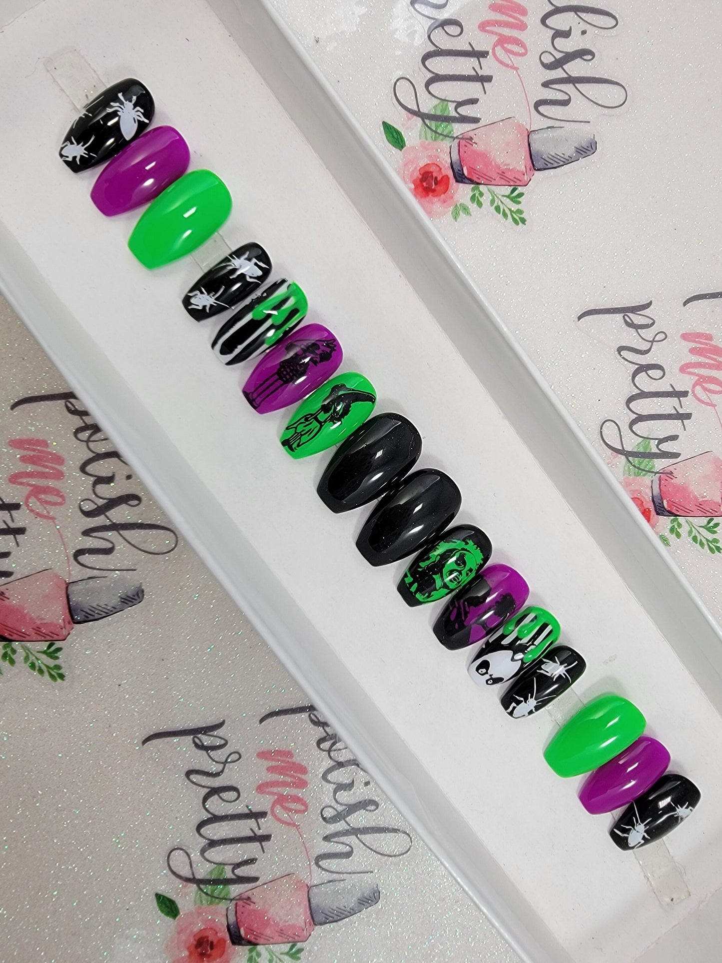 Horror Movie Collection...Beetles Bug Guy Neon Green.  Lydia, Beetle....Press On Nails,  False, Fake Nails Glue Ons