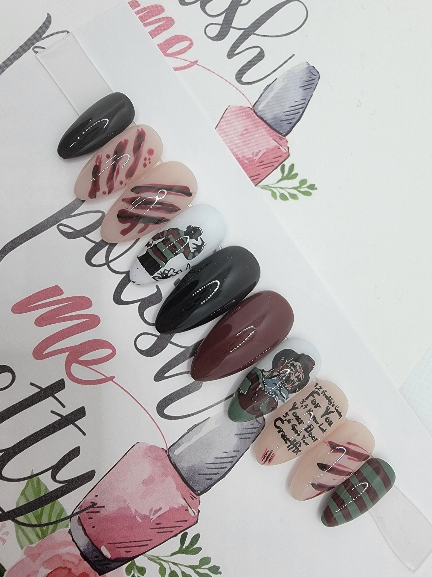 Horror Movie Nails, Freddy...Slasher, Blood, One Two...Press On Nails,  False, Fake Nails Glue Ons