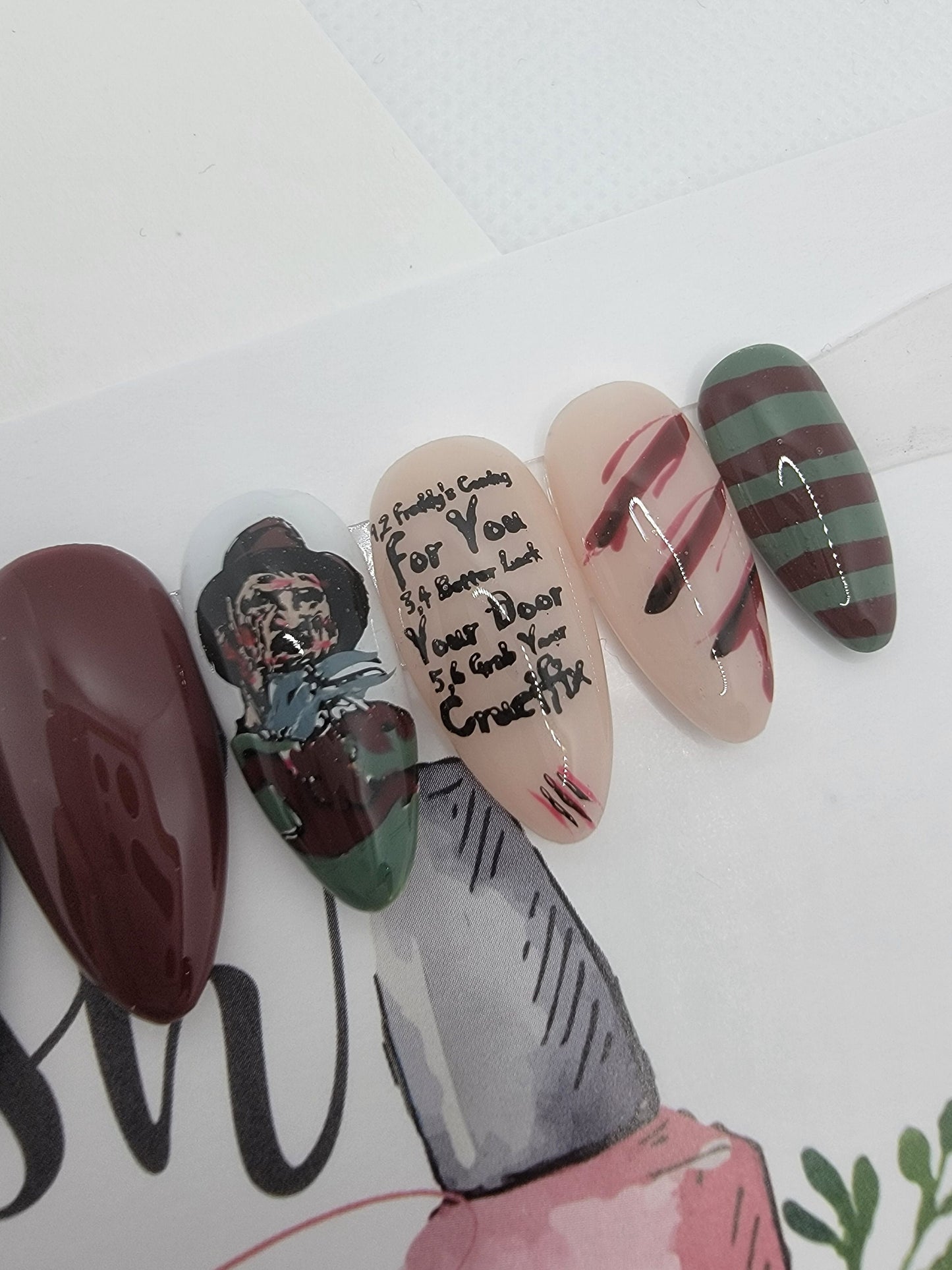 Horror Movie Nails, Freddy...Slasher, Blood, One Two...Press On Nails,  False, Fake Nails Glue Ons