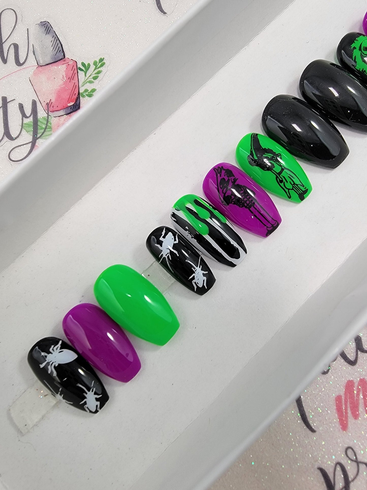 Horror Movie Collection...Beetles Bug Guy Neon Green.  Lydia, Beetle....Press On Nails,  False, Fake Nails Glue Ons