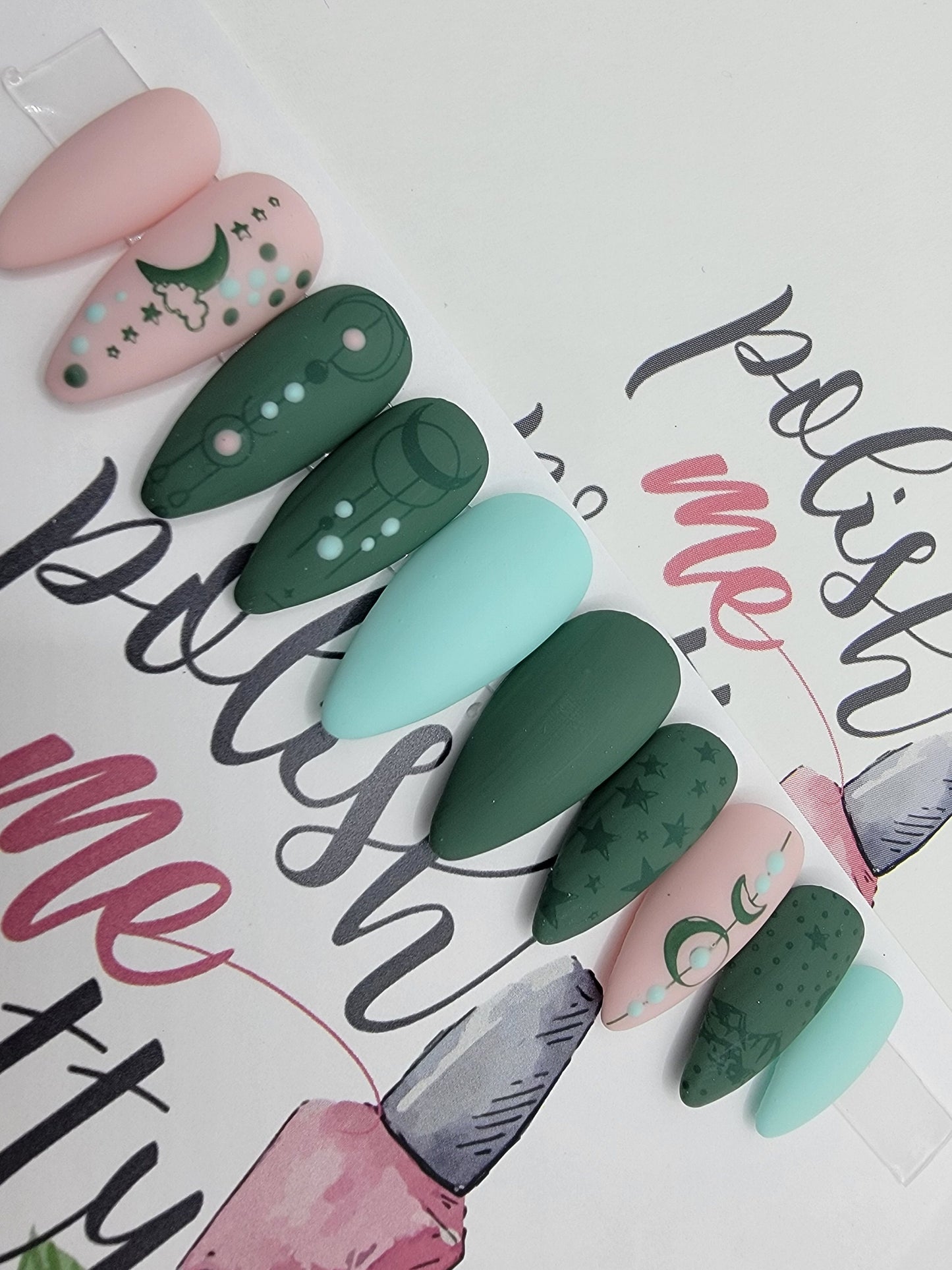 Pink, Green and Blue Witchy Vibes Lines and Dots, Stars and Moon Stamped Nails Press On Nails,  False, Fake Nails Glue Ons