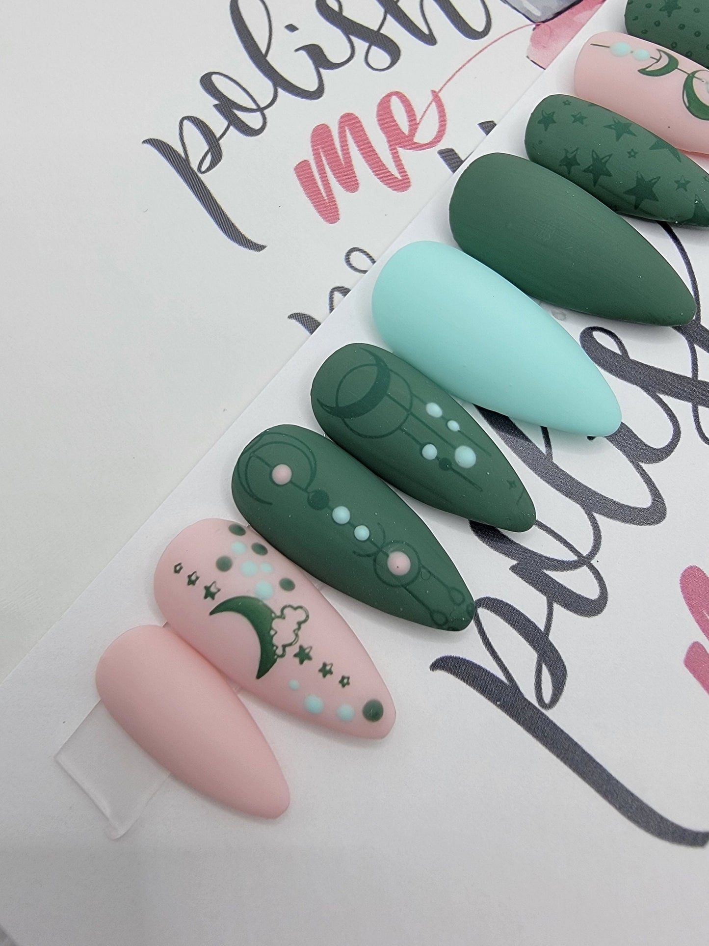Pink, Green and Blue Witchy Vibes Lines and Dots, Stars and Moon Stamped Nails Press On Nails,  False, Fake Nails Glue Ons