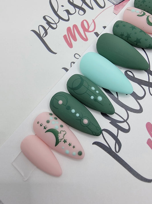 Pink, Green and Blue Witchy Vibes Lines and Dots, Stars and Moon Stamped Nails Press On Nails,  False, Fake Nails Glue Ons