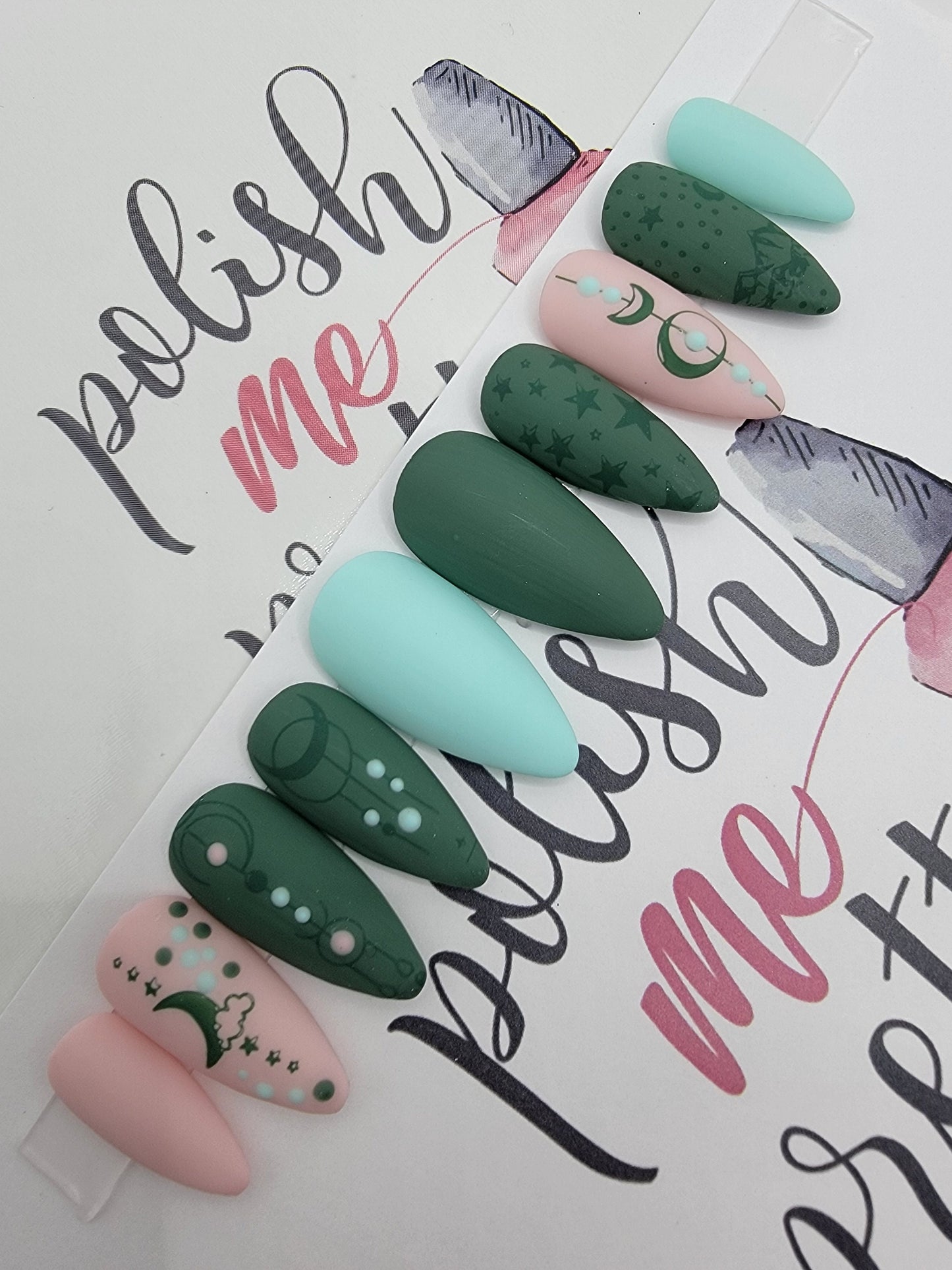 Pink, Green and Blue Witchy Vibes Lines and Dots, Stars and Moon Stamped Nails Press On Nails,  False, Fake Nails Glue Ons