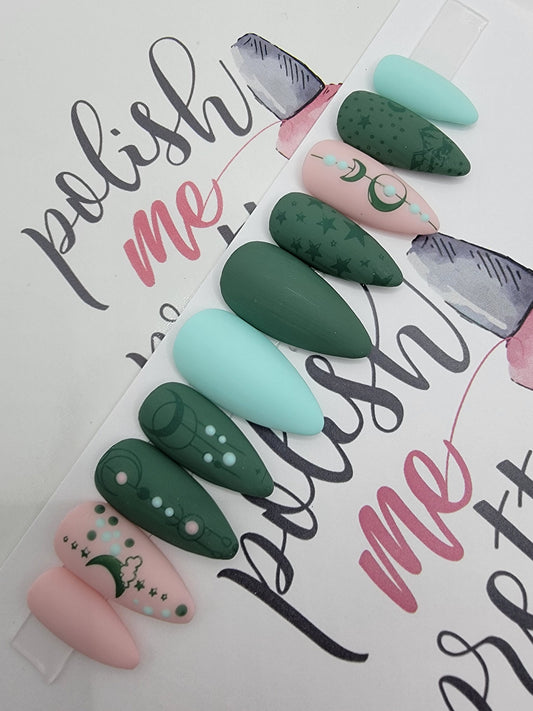 Pink, Green and Blue Witchy Vibes Lines and Dots, Stars and Moon Stamped Nails Press On Nails,  False, Fake Nails Glue Ons