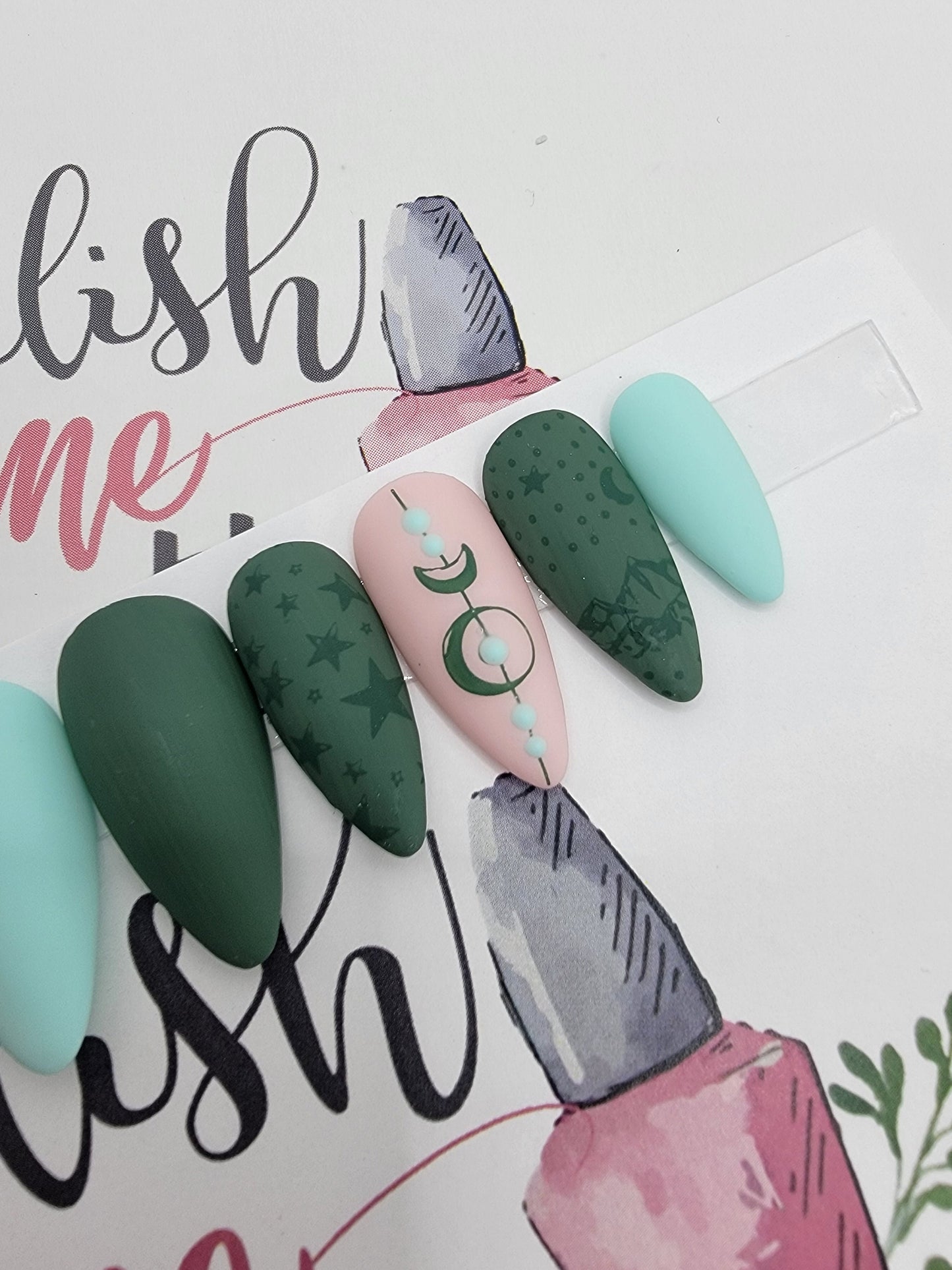 Pink, Green and Blue Witchy Vibes Lines and Dots, Stars and Moon Stamped Nails Press On Nails,  False, Fake Nails Glue Ons
