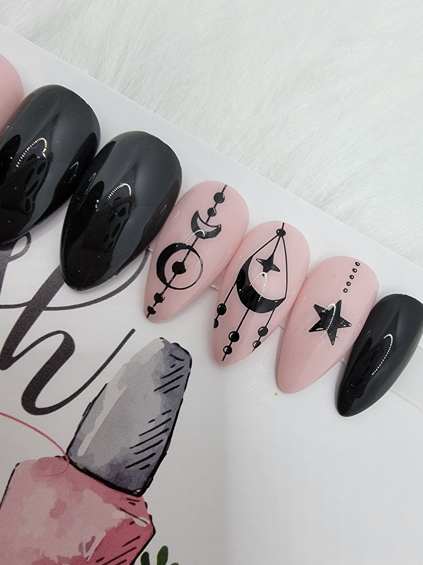 Witchy Vibes, Stars, Moons, Nude and Black Halloween Nails.Press On Nails,  False, Fake Nails Glue Ons