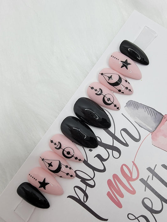 Witchy Vibes, Stars, Moons, Nude and Black Halloween Nails.Press On Nails,  False, Fake Nails Glue Ons