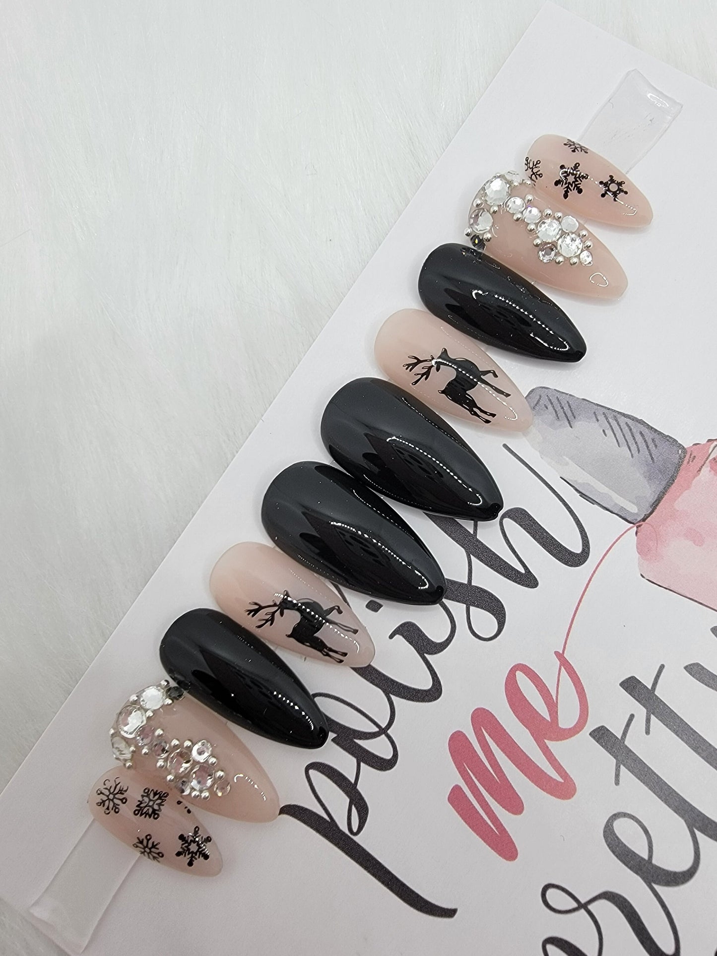 Dark Christmas 2022 Reindeer Black and Nude Nails w/ Rhinestones and Snowflakes Press On Fake False Glue on Nails