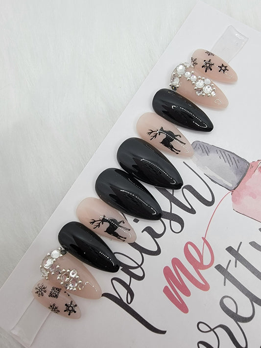 Dark Christmas 2022 Reindeer Black and Nude Nails w/ Rhinestones and Snowflakes Press On Fake False Glue on Nails